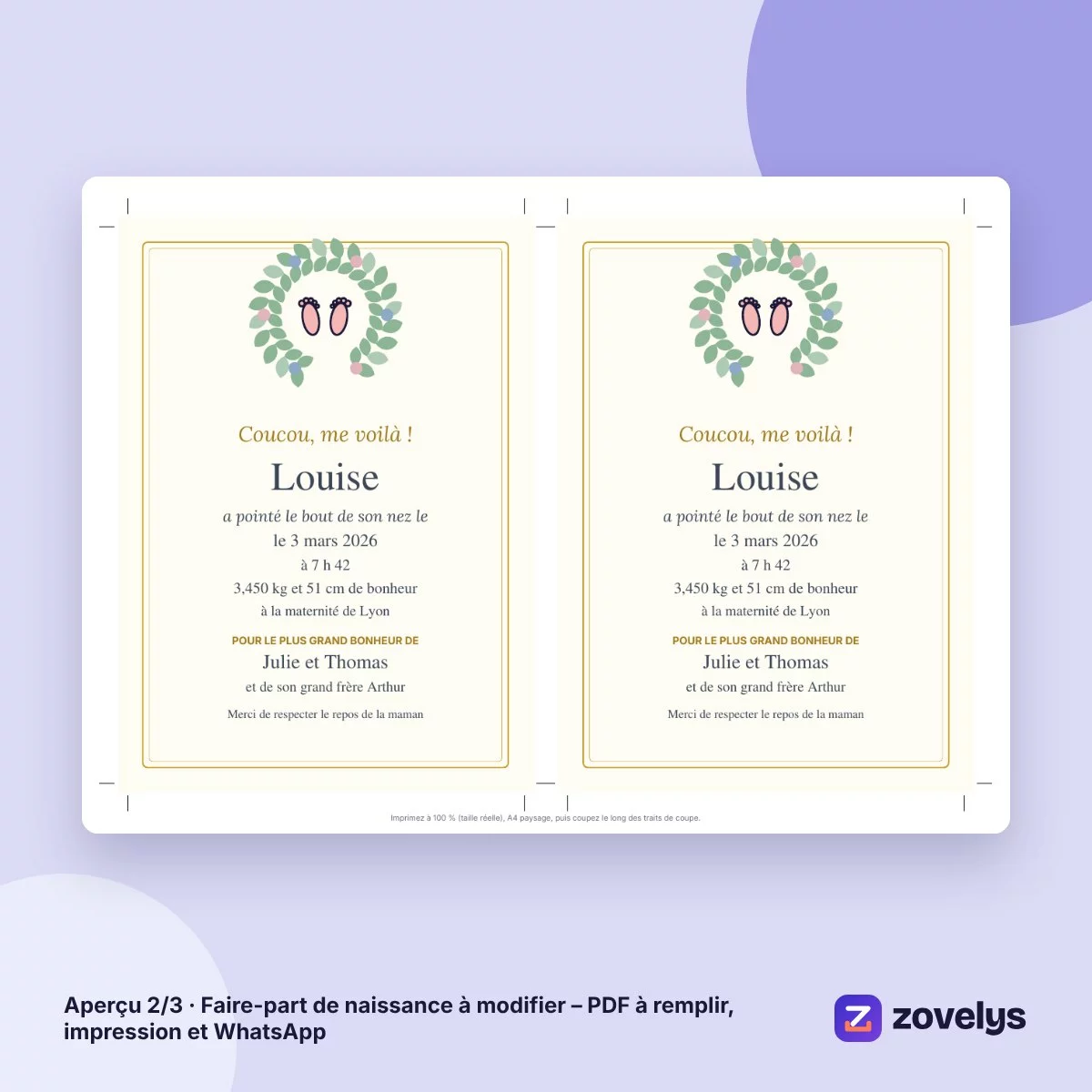 Faire-part de naissance à modifier – PDF à remplir, impression et WhatsApp – aperçu 2