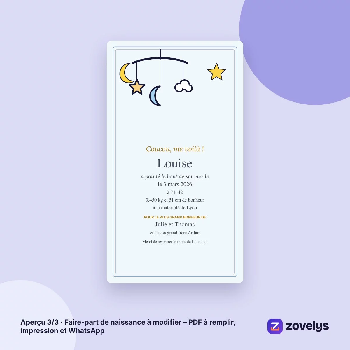 Faire-part de naissance à modifier – PDF à remplir, impression et WhatsApp – aperçu 3