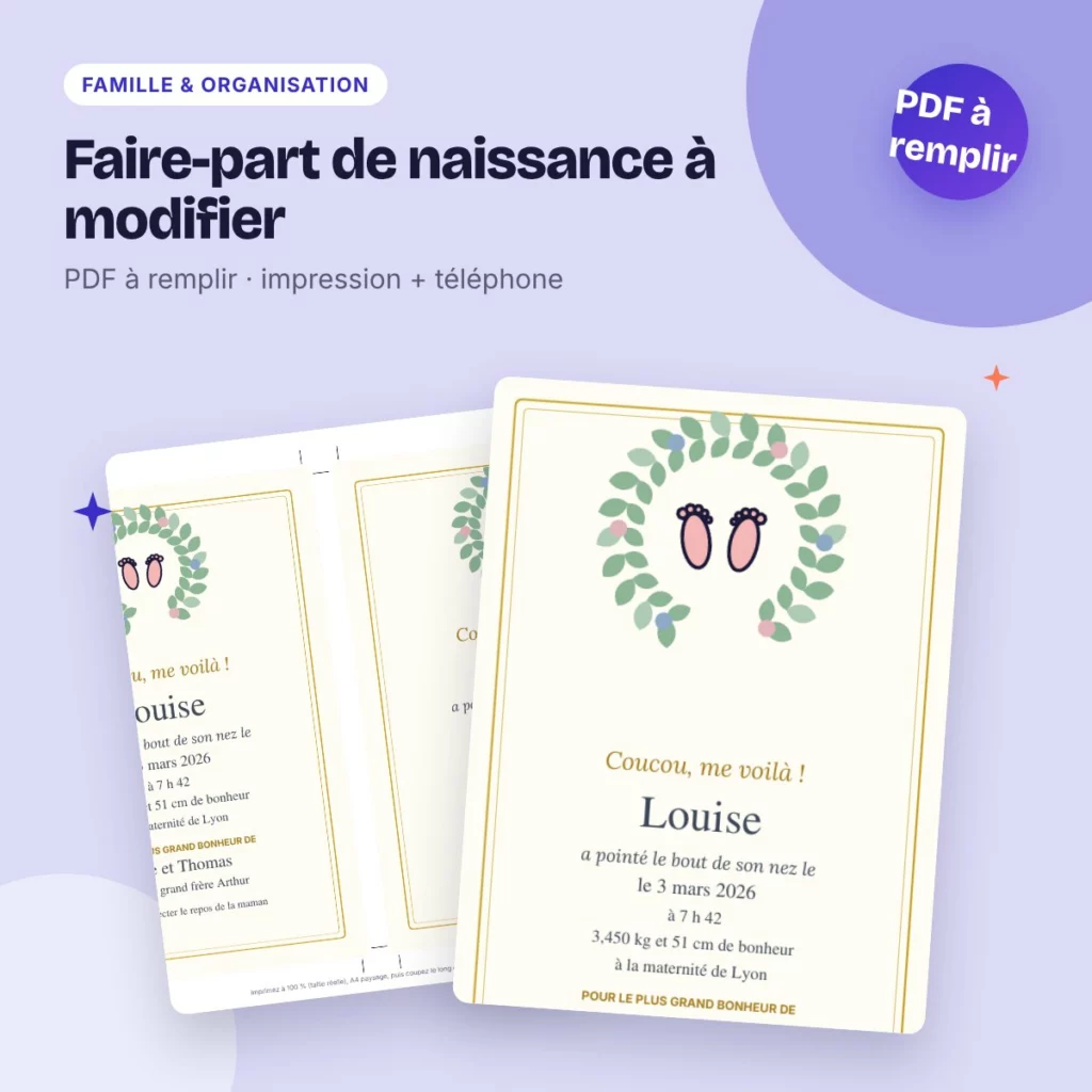 Faire-part de naissance à modifier – PDF à remplir, impression et WhatsApp