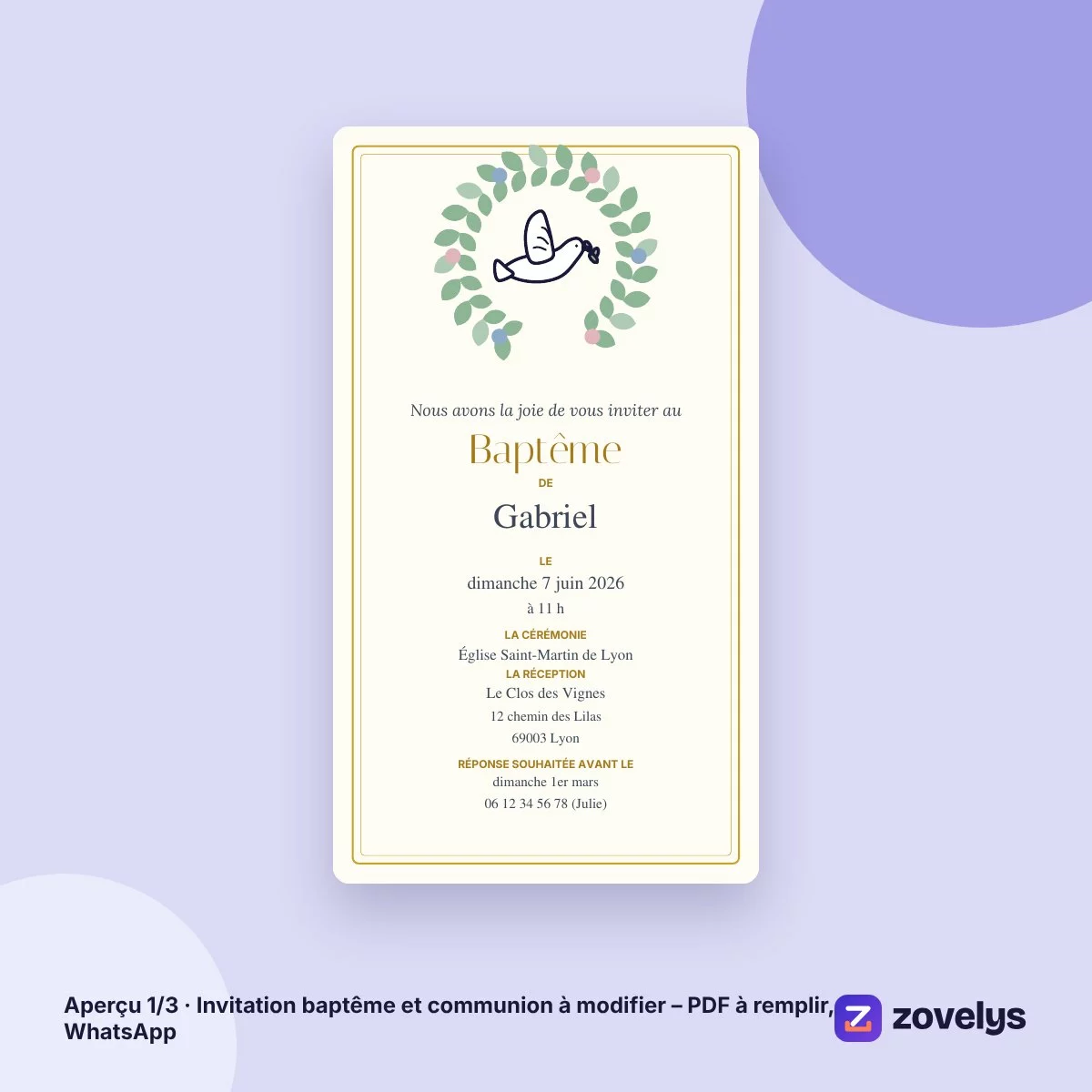 Invitation baptême et communion à modifier – PDF à remplir, WhatsApp – aperçu 1