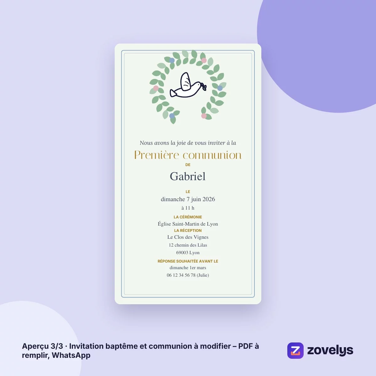 Invitation baptême et communion à modifier – PDF à remplir, WhatsApp – aperçu 3