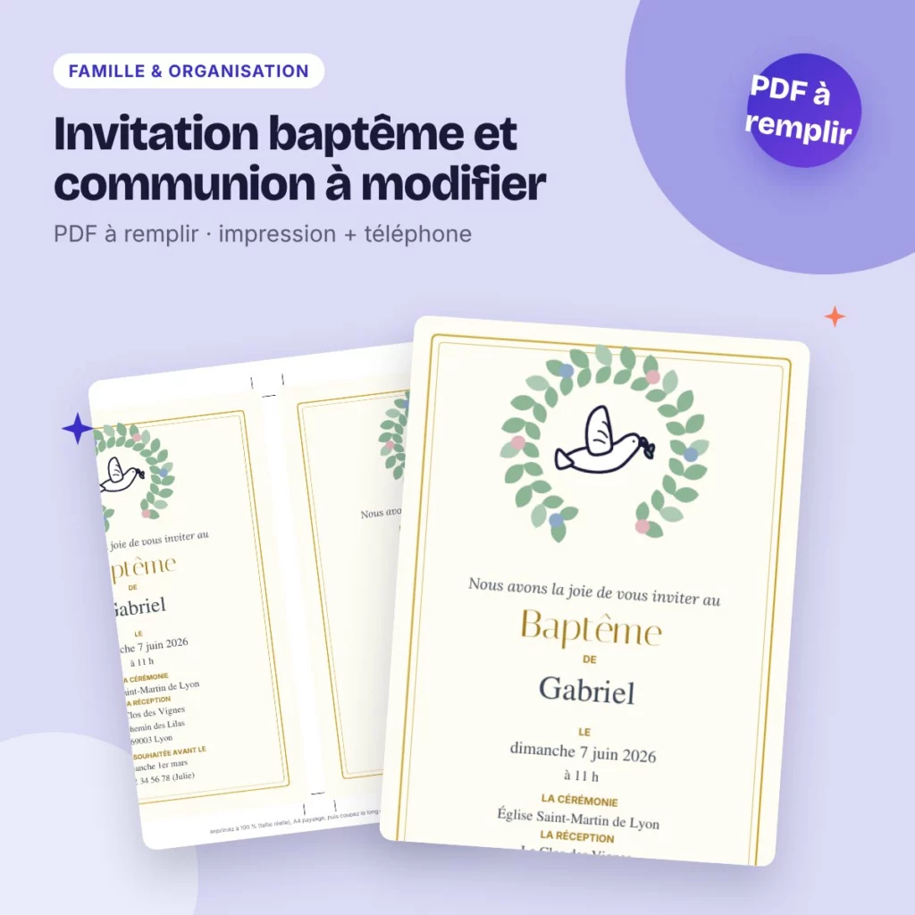 Invitation baptême et communion à modifier – PDF à remplir, WhatsApp