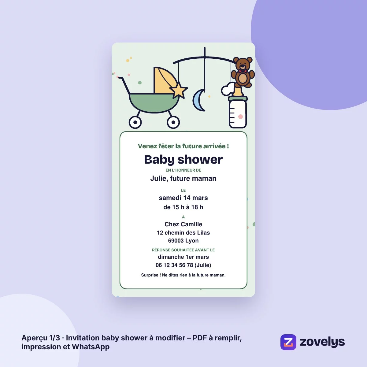 Invitation baby shower à modifier – PDF à remplir, impression et WhatsApp – aperçu 1