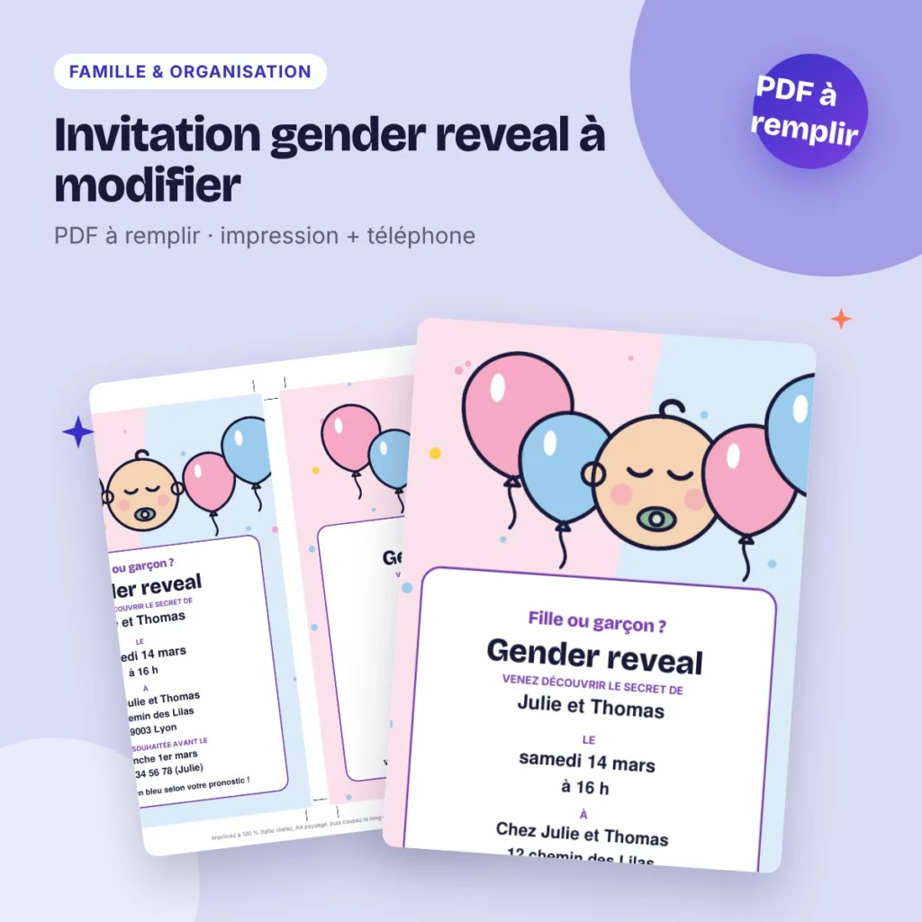 Invitation gender reveal à modifier – fille ou garçon, PDF à remplir