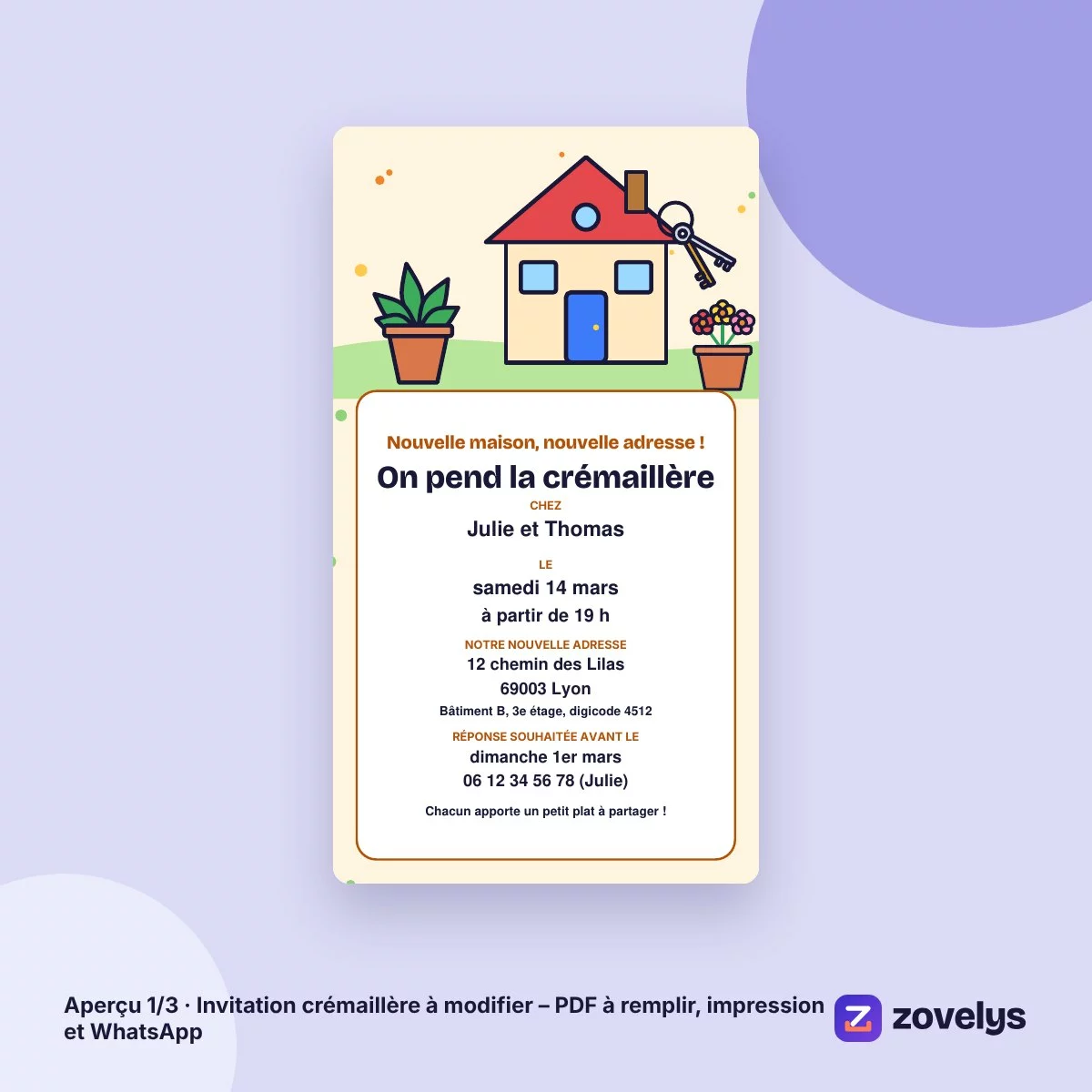 Invitation crémaillère à modifier – PDF à remplir, impression et WhatsApp – aperçu 1