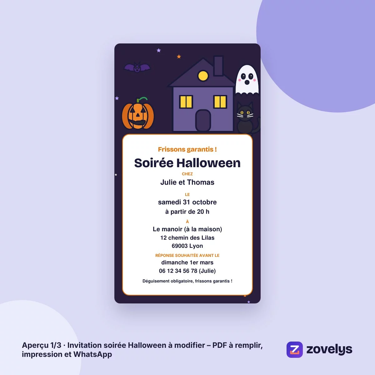Invitation soirée Halloween à modifier – PDF à remplir, impression et WhatsApp – aperçu 1