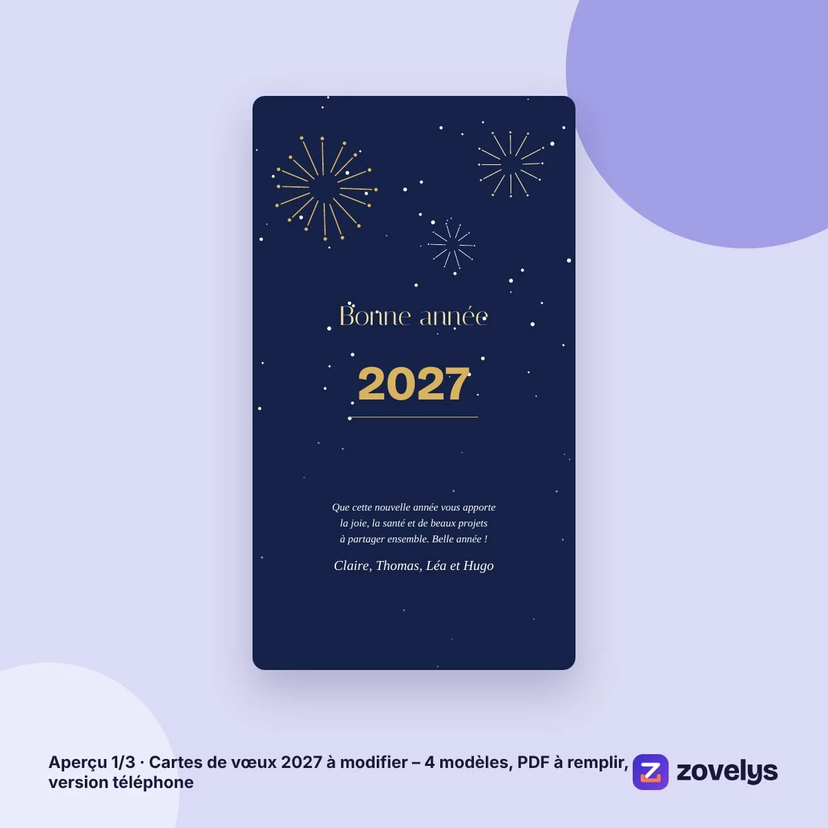 Cartes de vœux 2027 à modifier – 4 modèles, PDF à remplir, version téléphone – aperçu 1