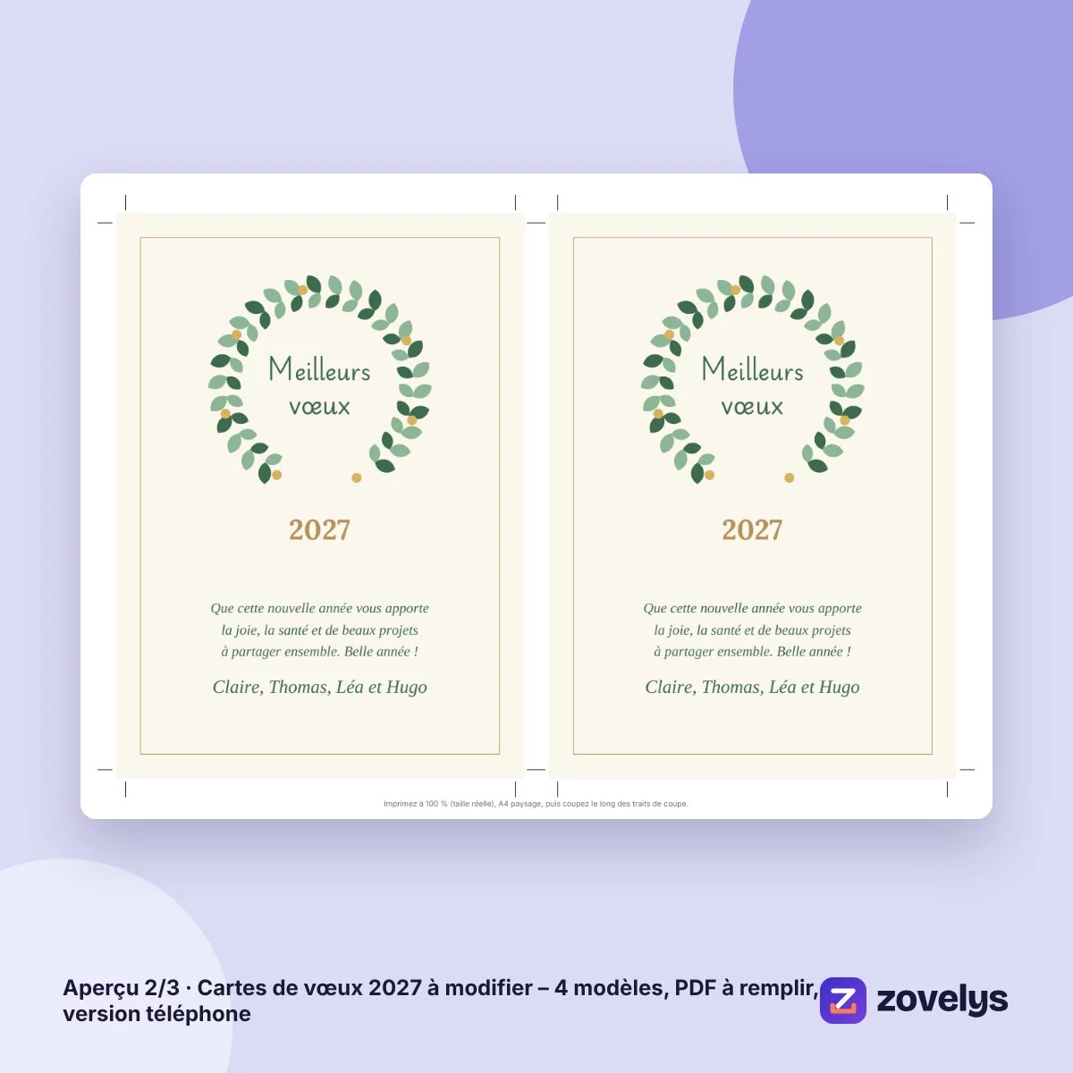 Cartes de vœux 2027 à modifier – 4 modèles, PDF à remplir, version téléphone – aperçu 2