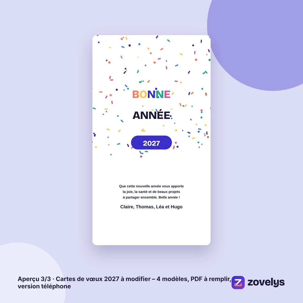 Cartes de vœux 2027 à modifier – 4 modèles, PDF à remplir, version téléphone – aperçu 3
