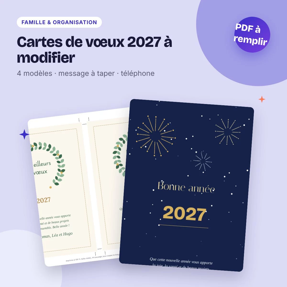 Cartes de vœux 2027 à modifier – 4 modèles, PDF à remplir, version téléphone