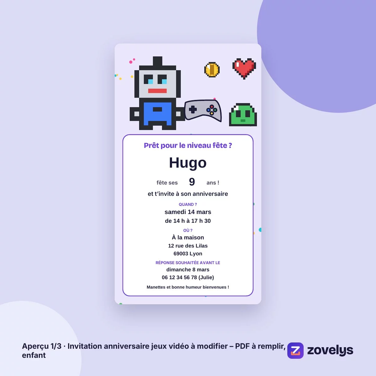 Invitation anniversaire jeux vidéo à modifier – PDF à remplir, enfant – aperçu 1