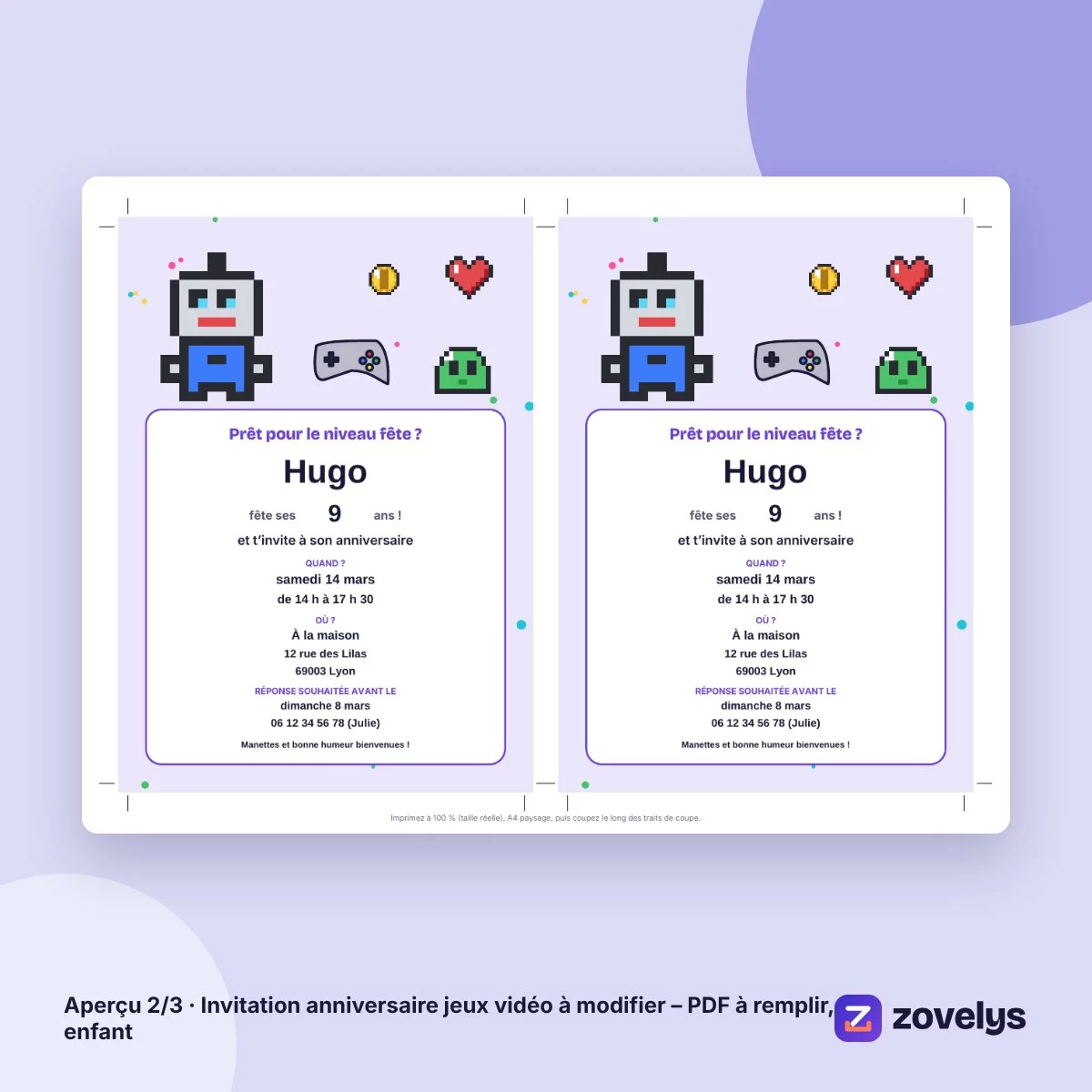 Invitation anniversaire jeux vidéo à modifier – PDF à remplir, enfant – aperçu 2