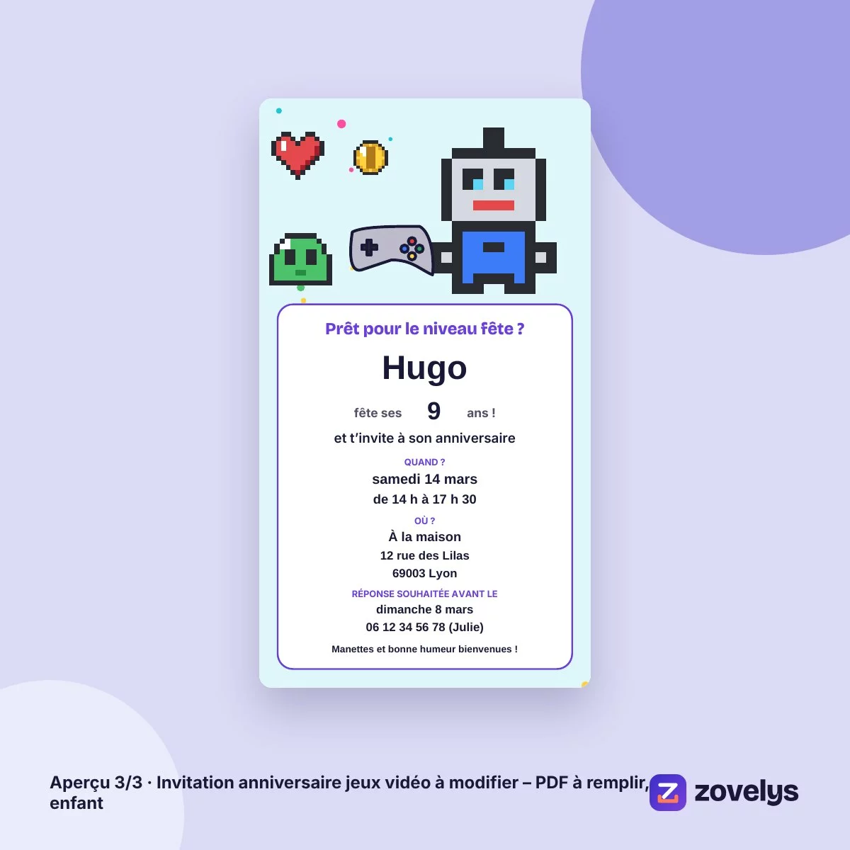 Invitation anniversaire jeux vidéo à modifier – PDF à remplir, enfant – aperçu 3