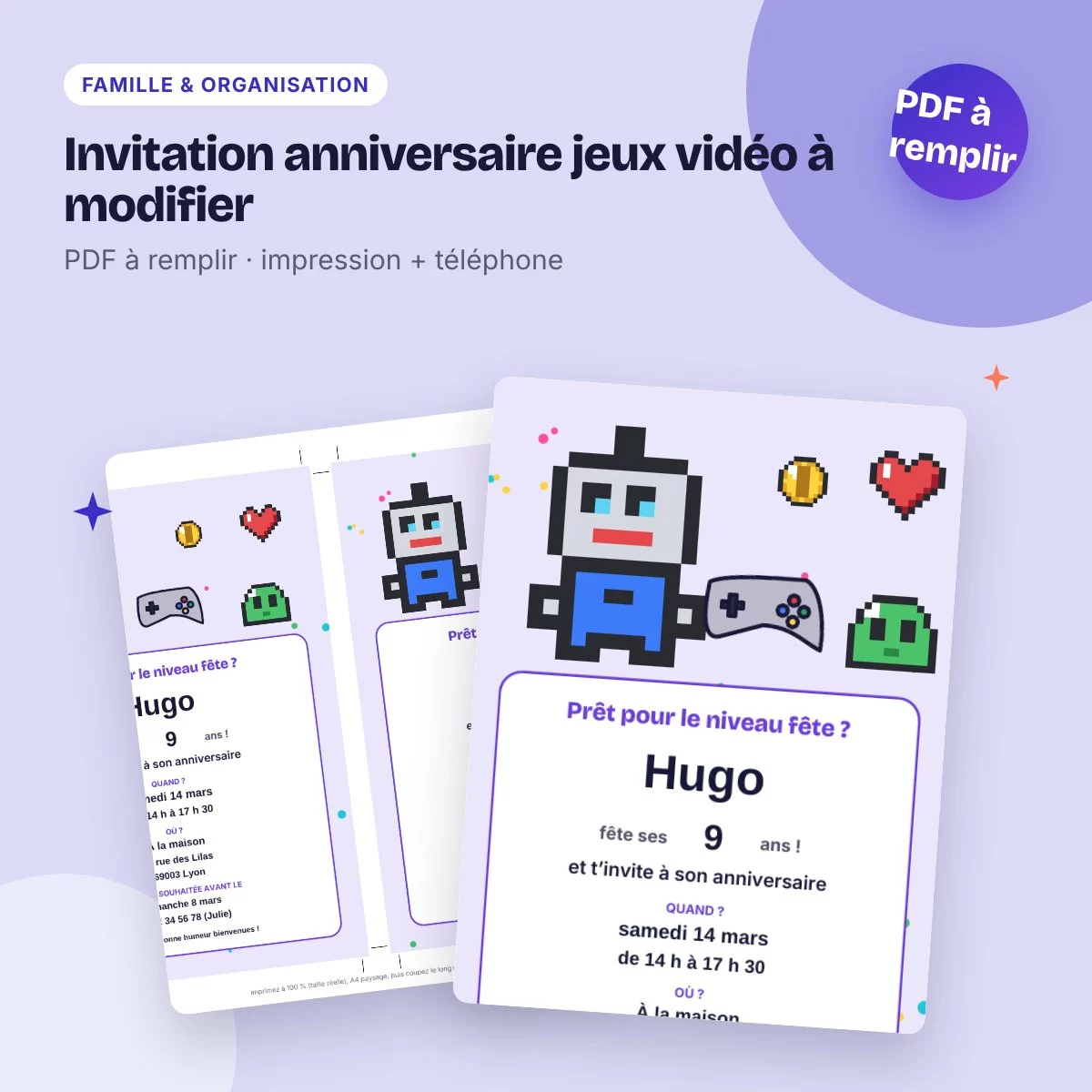 Invitation anniversaire jeux vidéo à modifier – PDF à remplir, enfant