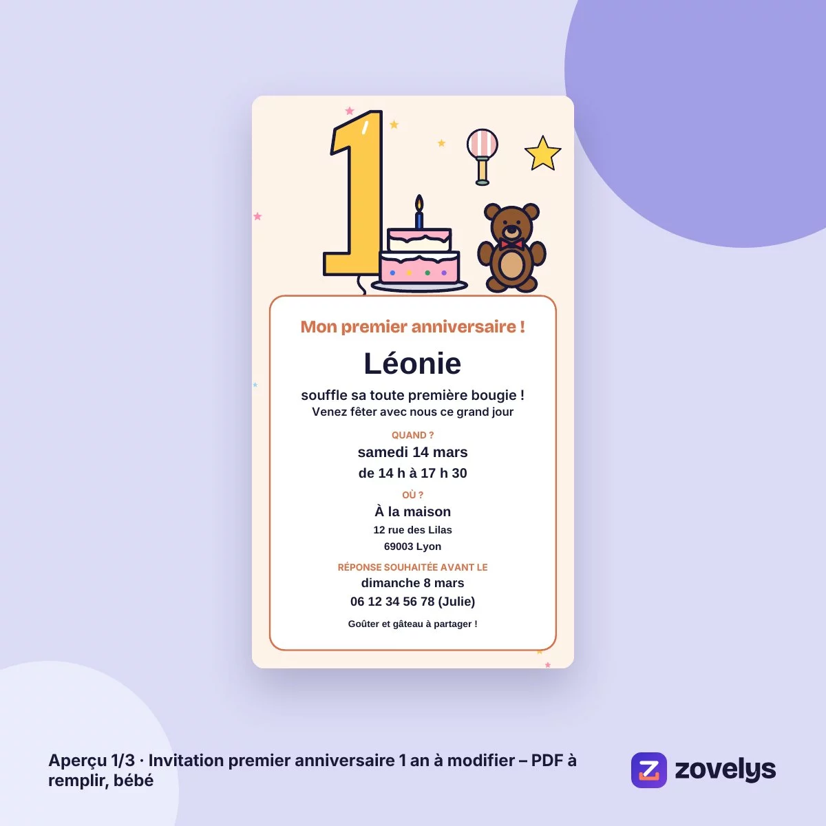 Invitation premier anniversaire 1 an à modifier – PDF à remplir, bébé – aperçu 1