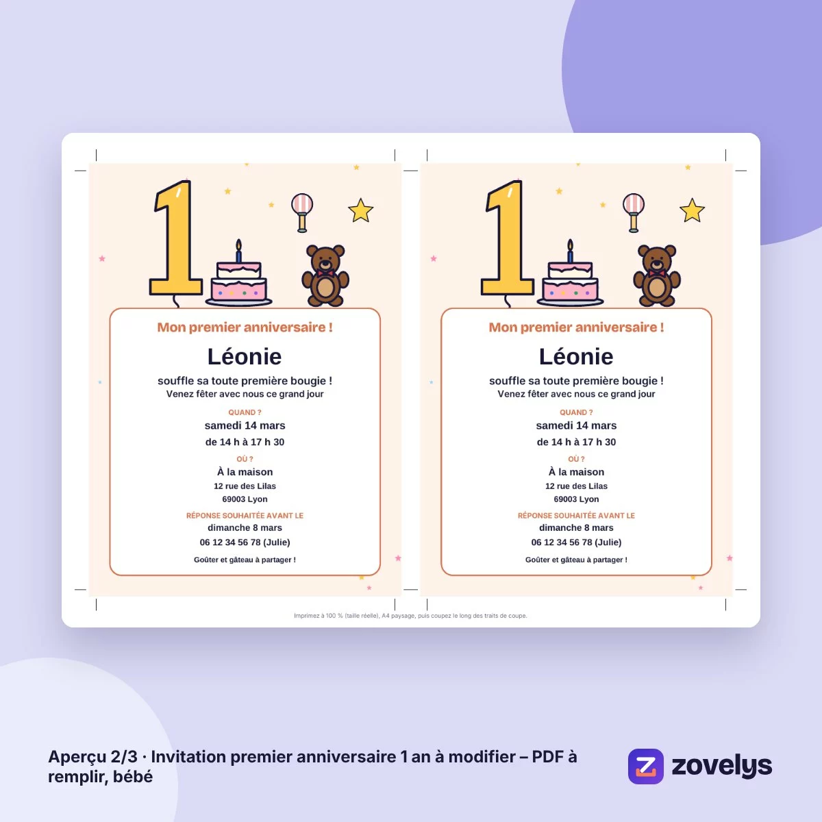 Invitation premier anniversaire 1 an à modifier – PDF à remplir, bébé – aperçu 2