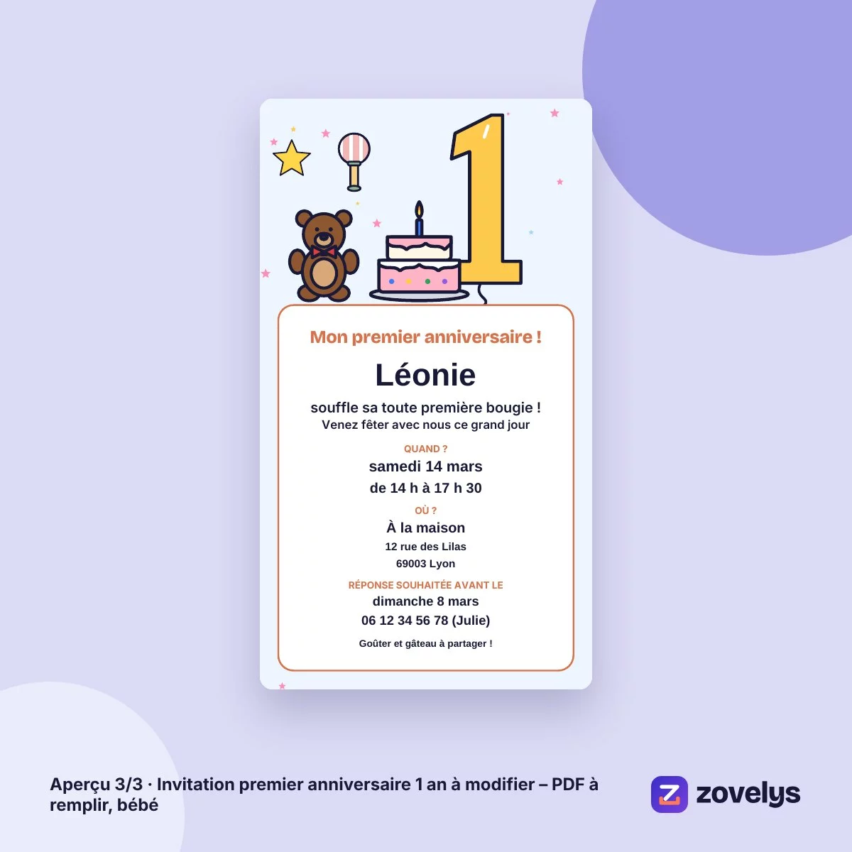 Invitation premier anniversaire 1 an à modifier – PDF à remplir, bébé – aperçu 3