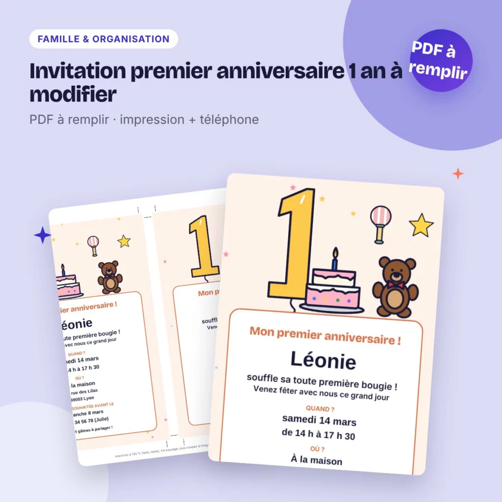 Invitation premier anniversaire 1 an à modifier – PDF à remplir, bébé