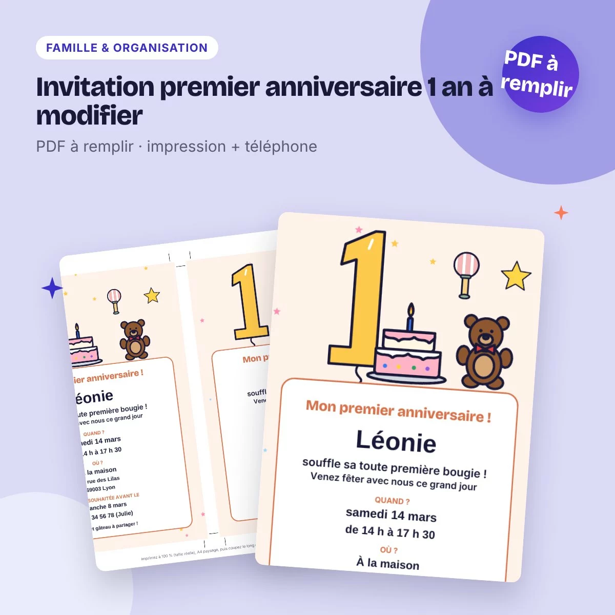 Invitation premier anniversaire 1 an à modifier – PDF à remplir, bébé
