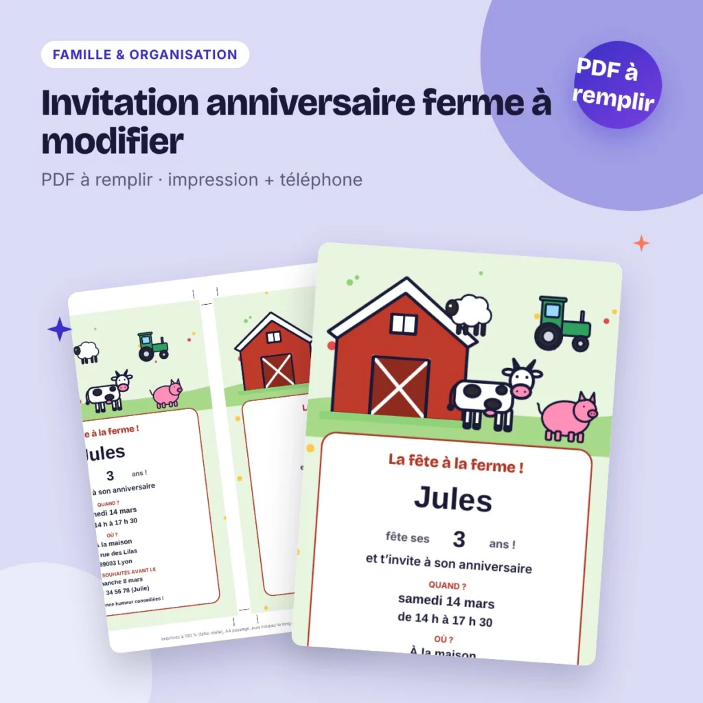 Invitation anniversaire ferme à modifier – PDF à remplir, enfant
