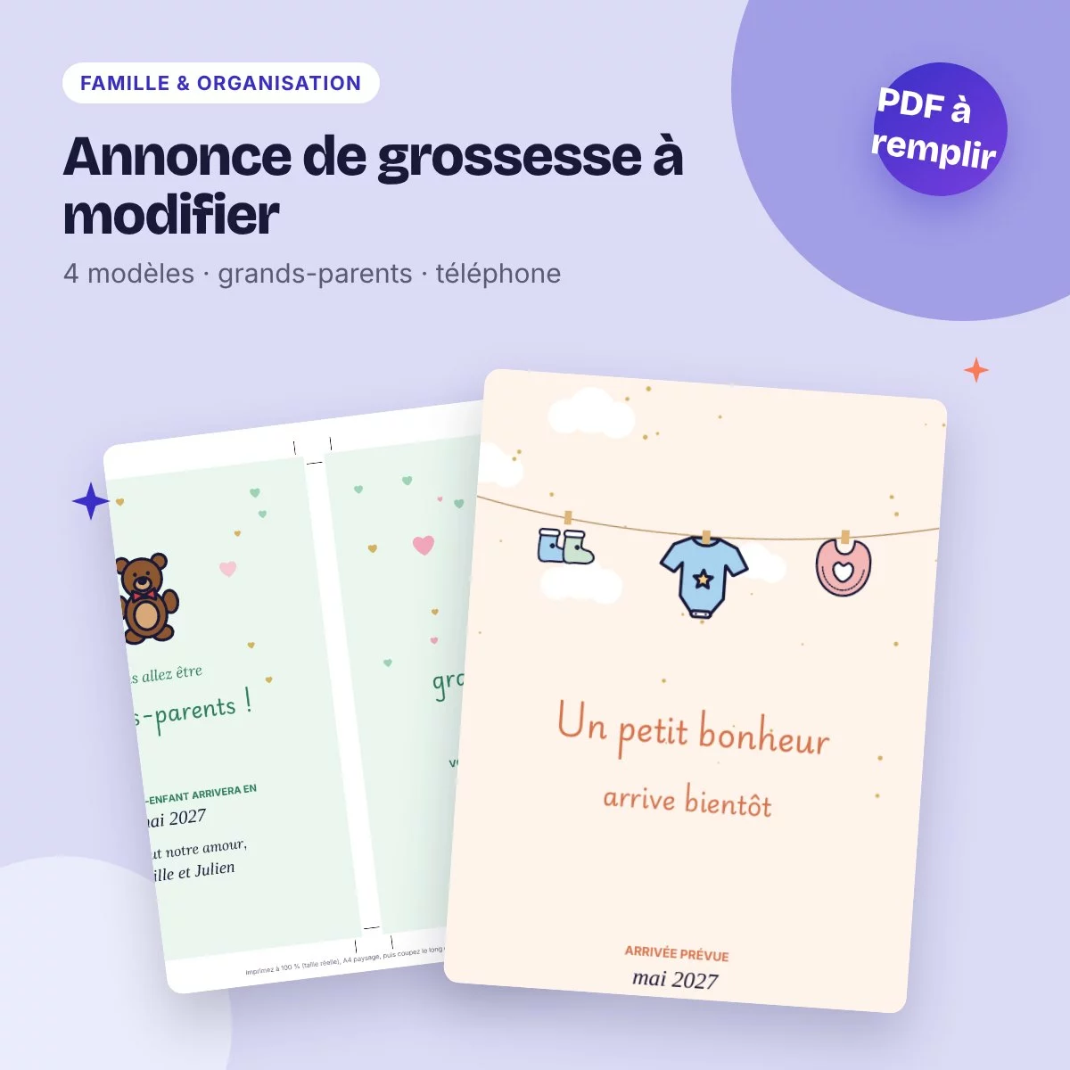 Annonce de grossesse à modifier – cartes, grands-parents, version téléphone