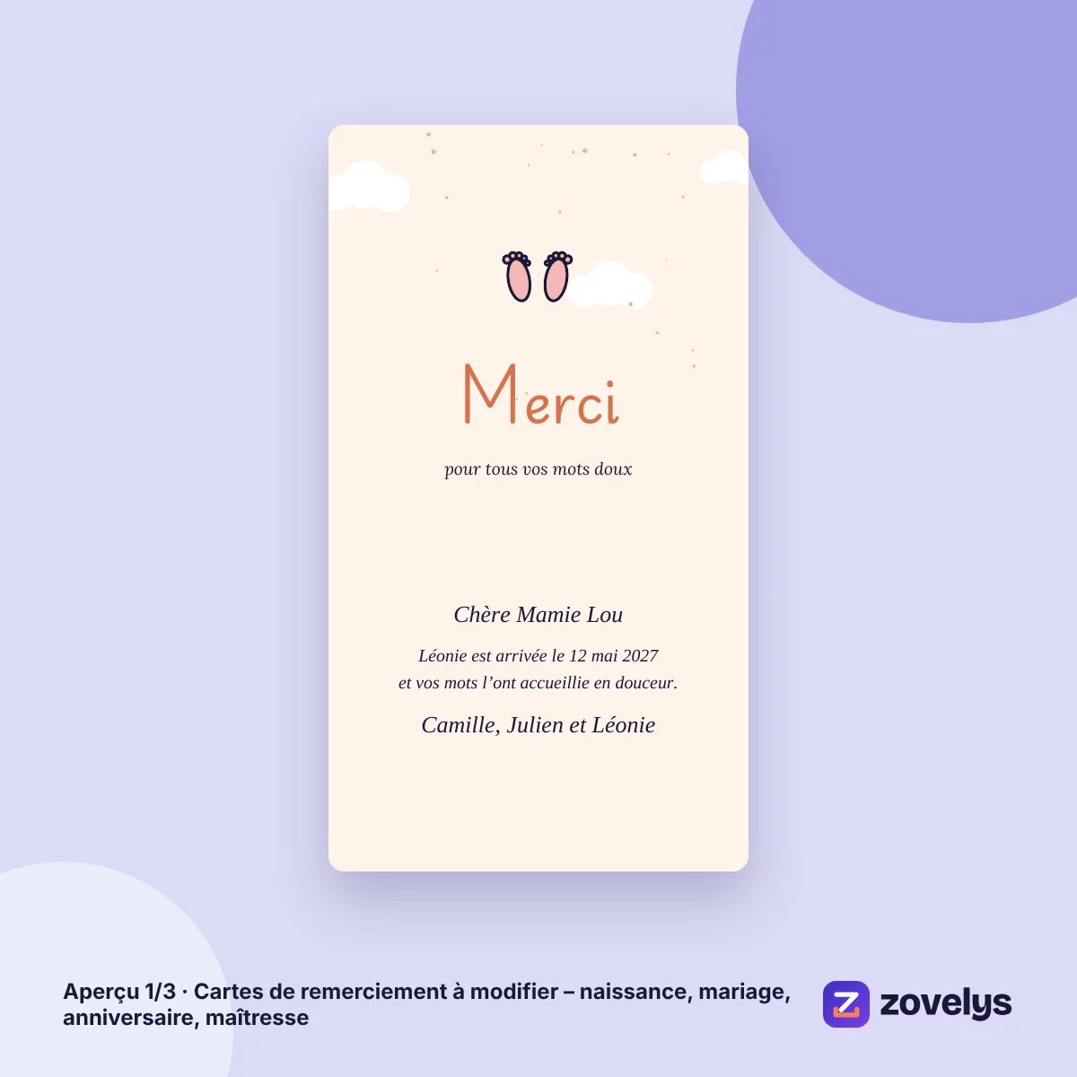 Cartes de remerciement à modifier – naissance, mariage, anniversaire, maîtresse – aperçu 1