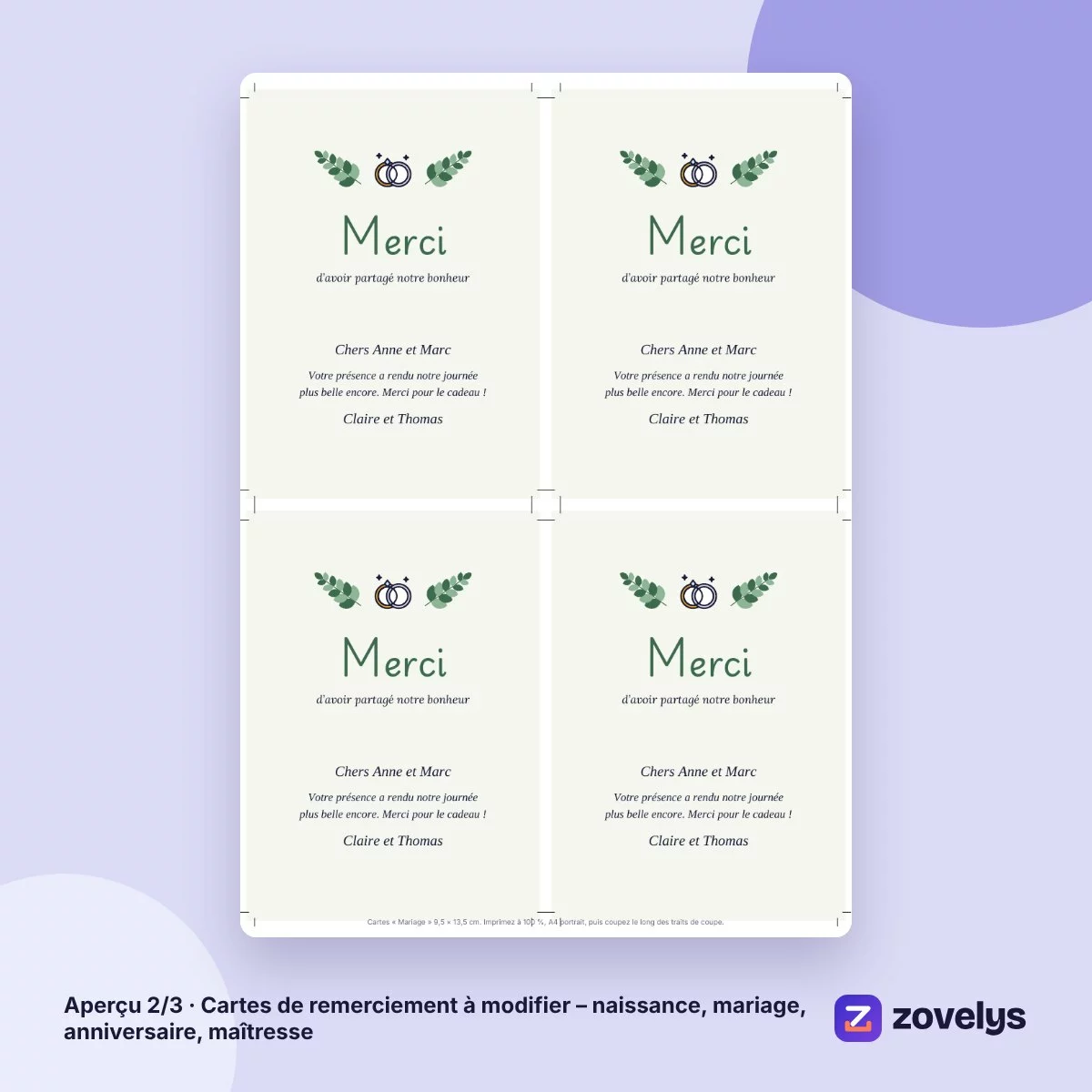 Cartes de remerciement à modifier – naissance, mariage, anniversaire, maîtresse – aperçu 2