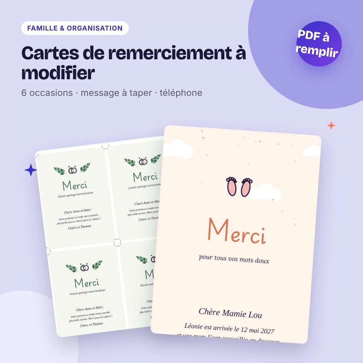 Cartes de remerciement à modifier – naissance, mariage, anniversaire, maîtresse