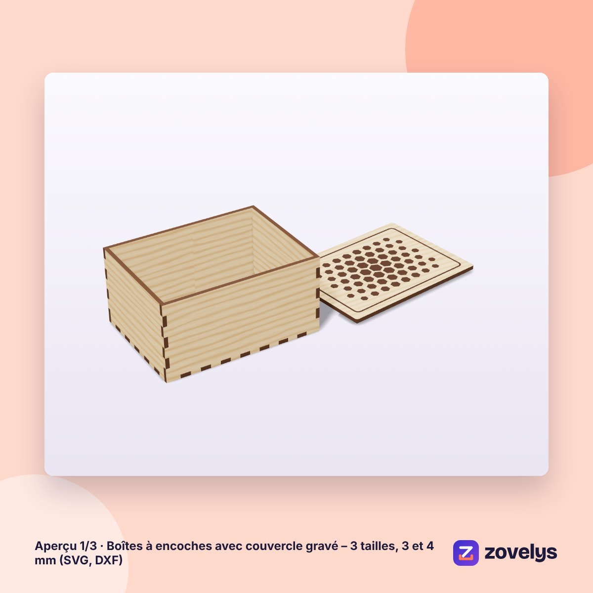 Boîtes à encoches avec couvercle gravé – 3 tailles, 3 et 4 mm (SVG, DXF) – aperçu 1