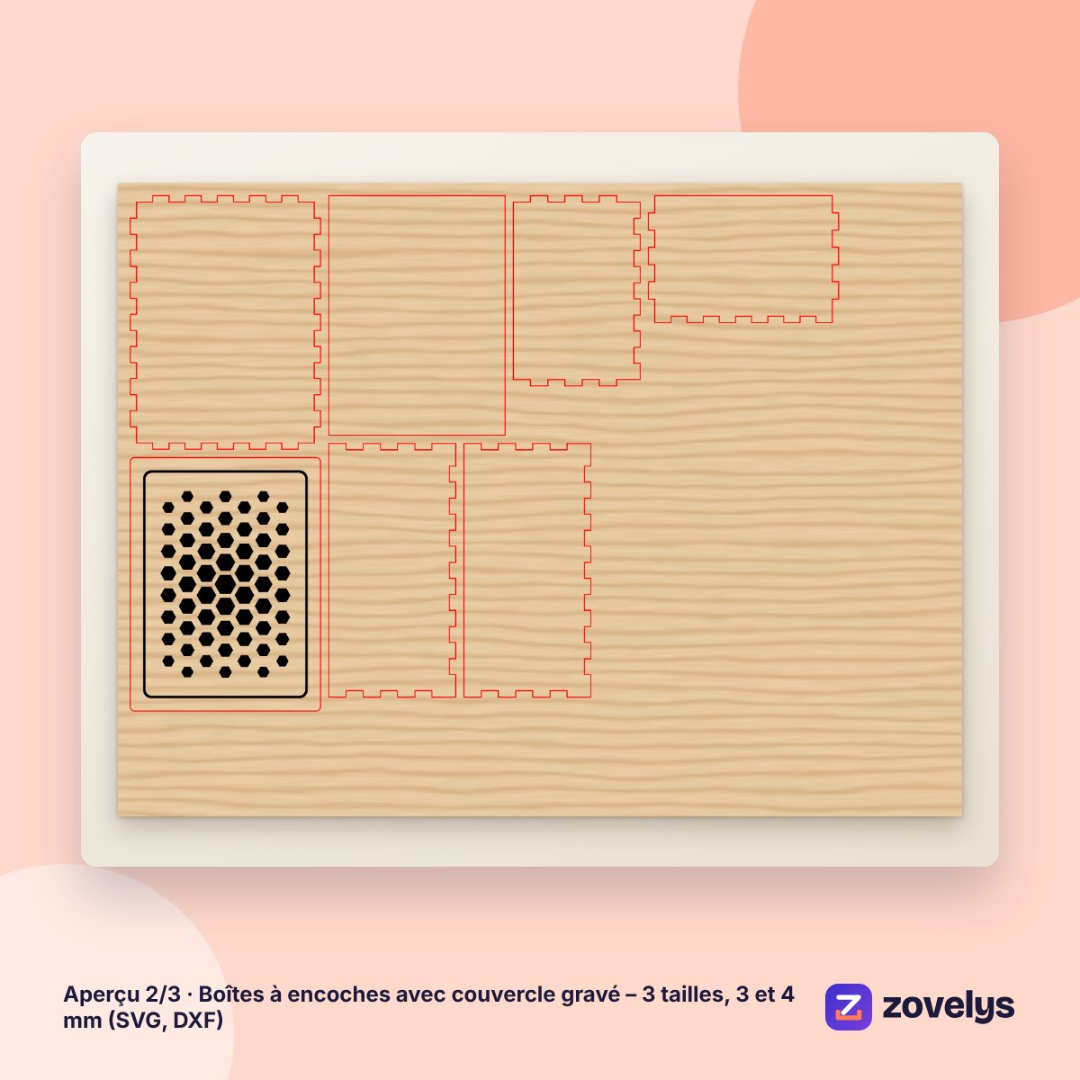 Boîtes à encoches avec couvercle gravé – 3 tailles, 3 et 4 mm (SVG, DXF) – aperçu 2