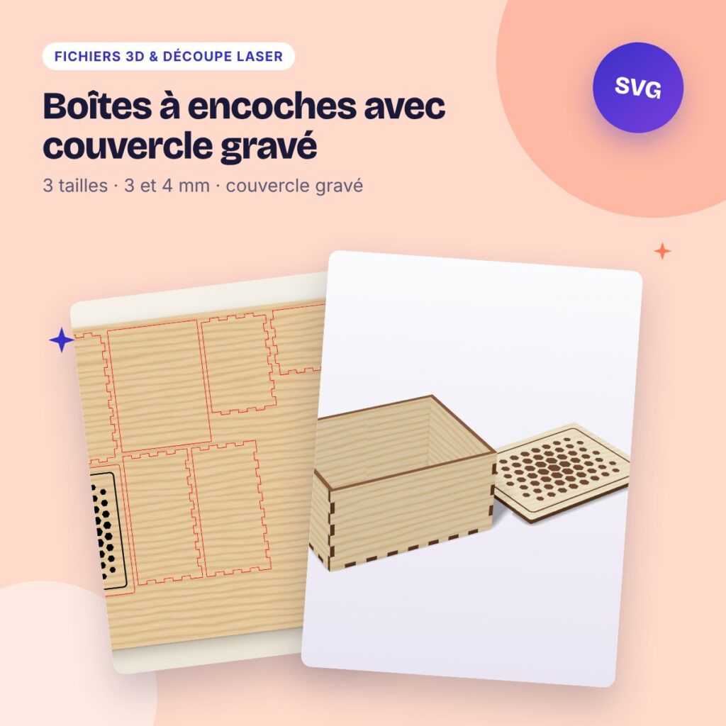 Boîtes à encoches avec couvercle gravé – 3 tailles, 3 et 4 mm (SVG, DXF)