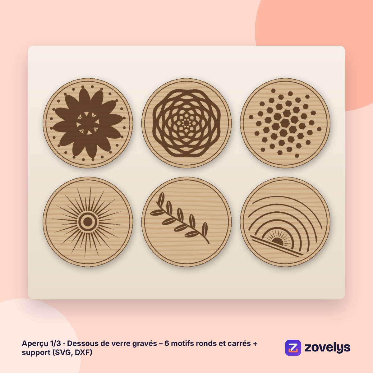 Dessous de verre gravés – 6 motifs ronds et carrés + support (SVG, DXF) – aperçu 1