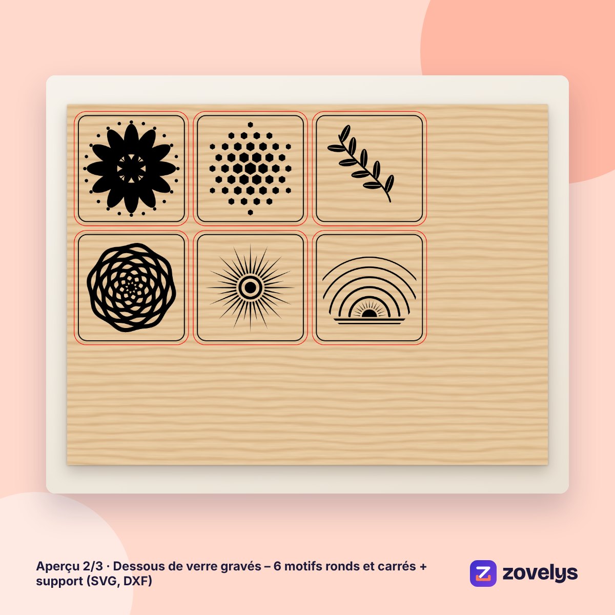 Dessous de verre gravés – 6 motifs ronds et carrés + support (SVG, DXF) – aperçu 2