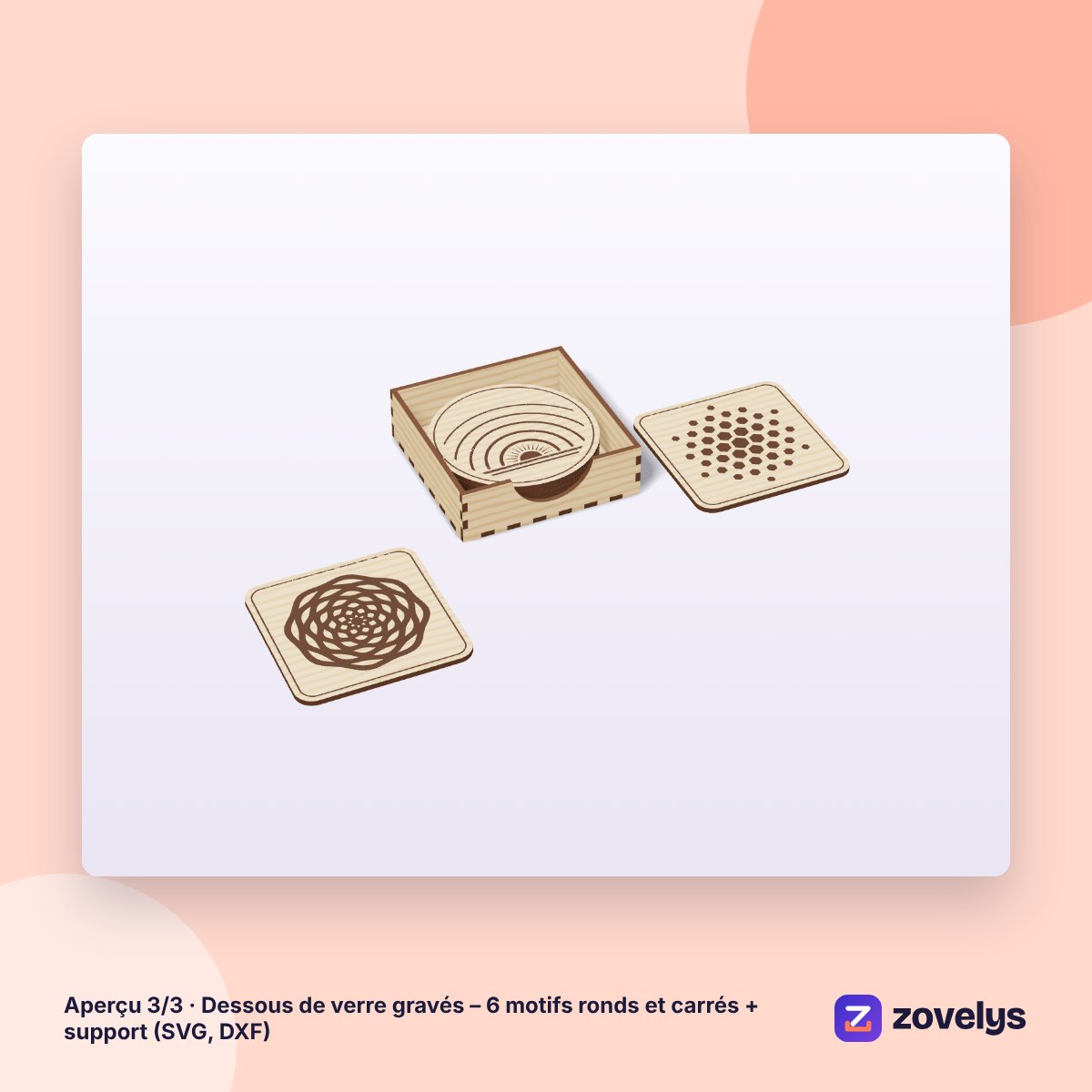 Dessous de verre gravés – 6 motifs ronds et carrés + support (SVG, DXF) – aperçu 3