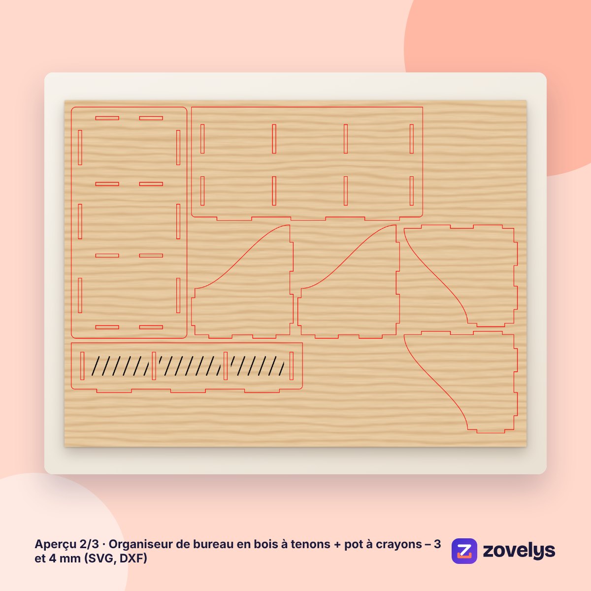 Organiseur de bureau en bois à tenons + pot à crayons – 3 et 4 mm (SVG, DXF) – aperçu 2