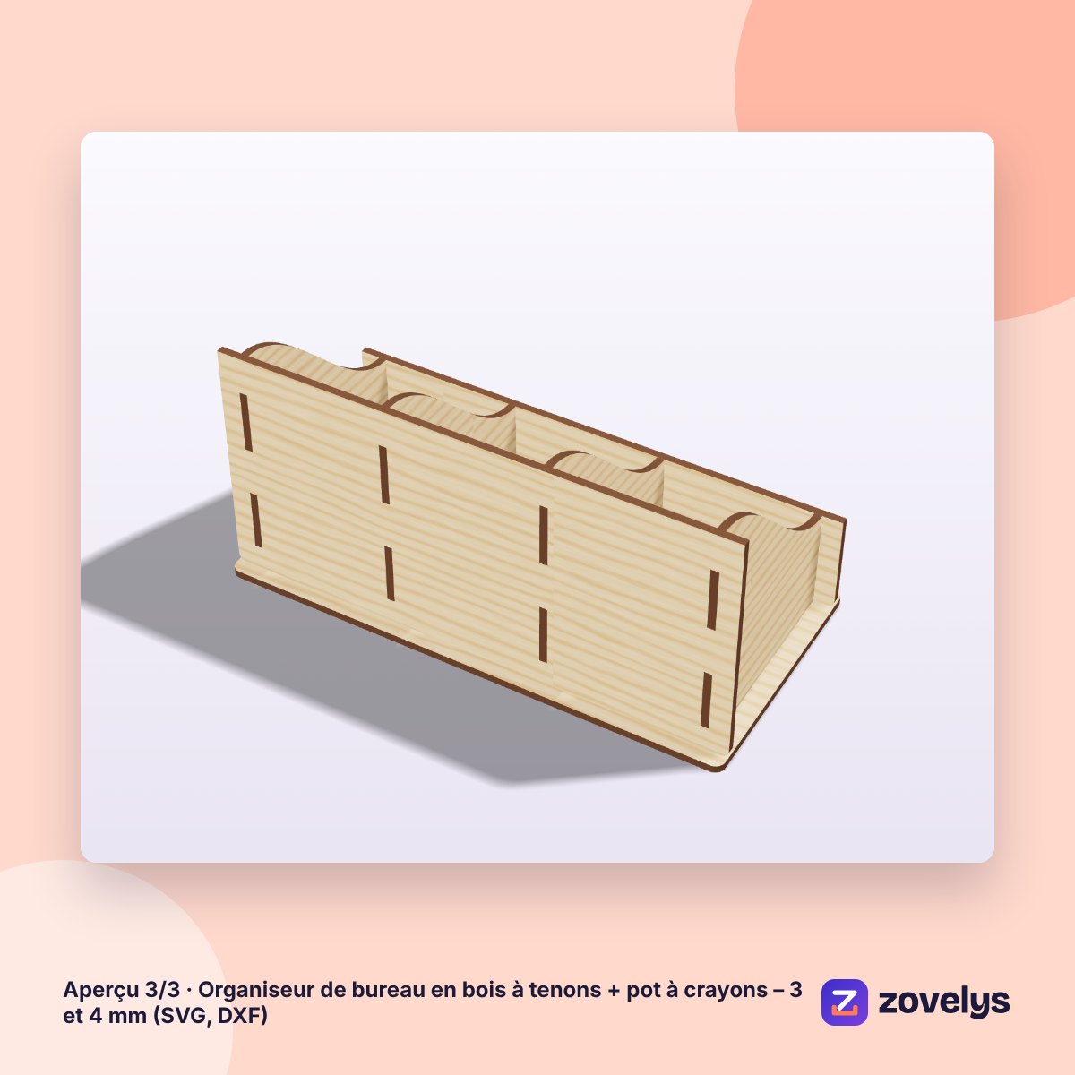 Organiseur de bureau en bois à tenons + pot à crayons – 3 et 4 mm (SVG, DXF) – aperçu 3