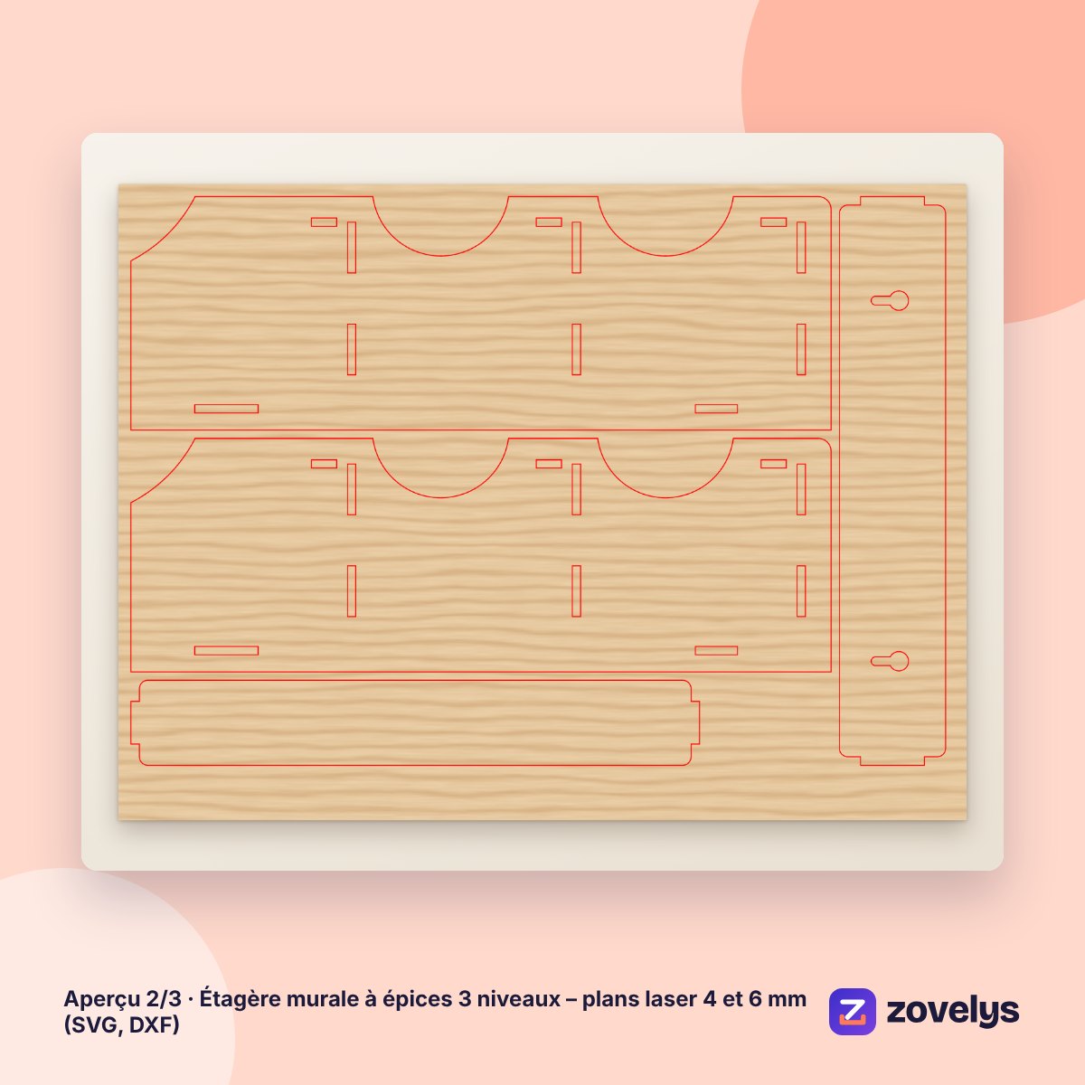 Étagère murale à épices 3 niveaux – plans laser 4 et 6 mm (SVG, DXF) – aperçu 2