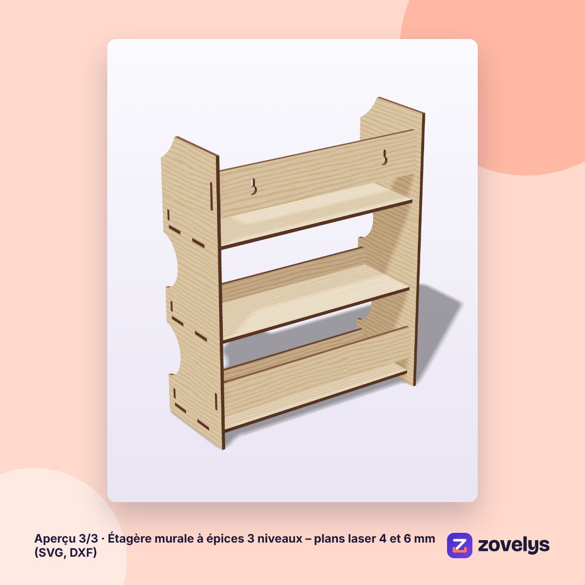 Étagère murale à épices 3 niveaux – plans laser 4 et 6 mm (SVG, DXF) – aperçu 3