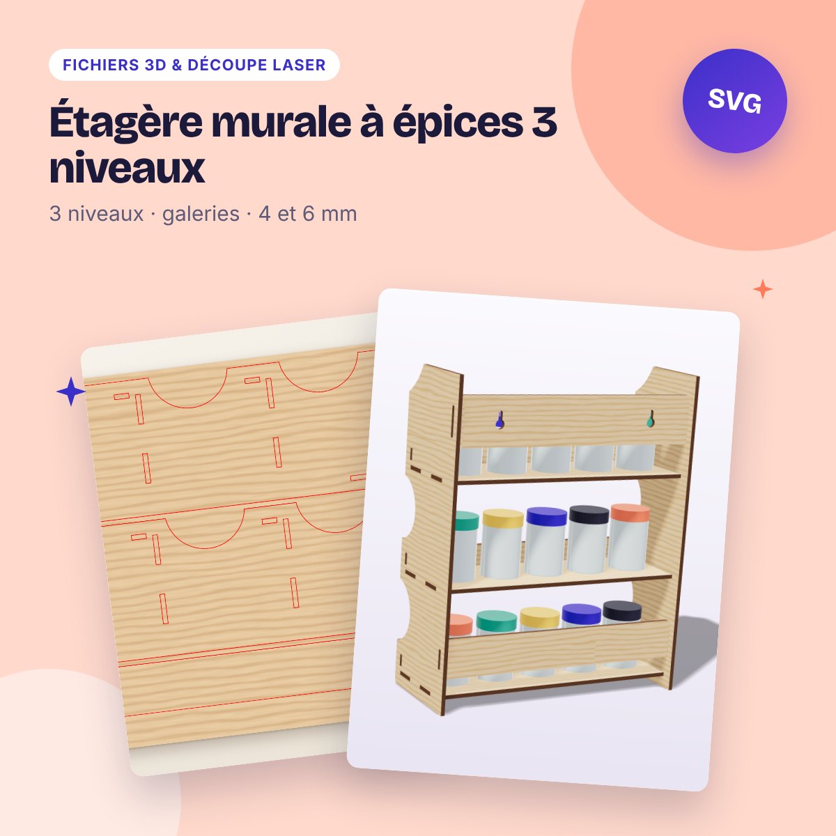 Étagère murale à épices 3 niveaux – plans laser 4 et 6 mm (SVG, DXF)
