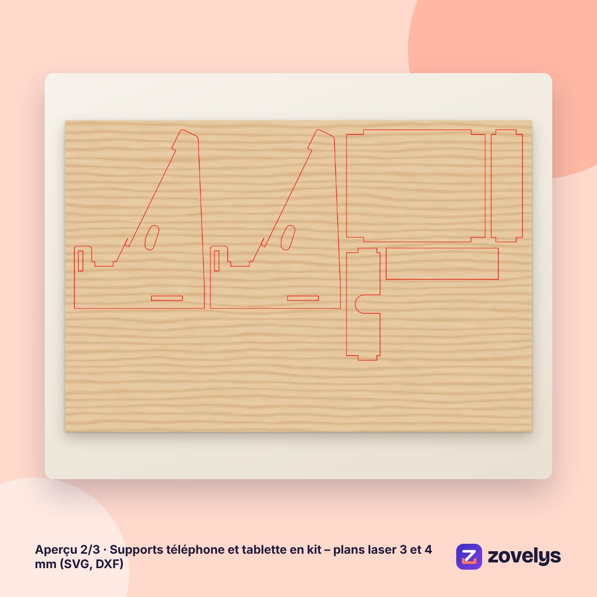 Supports téléphone et tablette en kit – plans laser 3 et 4 mm (SVG, DXF) – aperçu 2