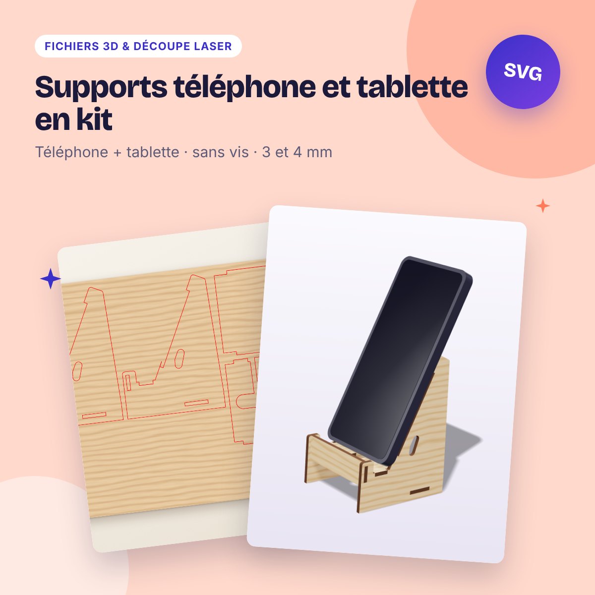 Supports téléphone et tablette en kit – plans laser 3 et 4 mm (SVG, DXF)