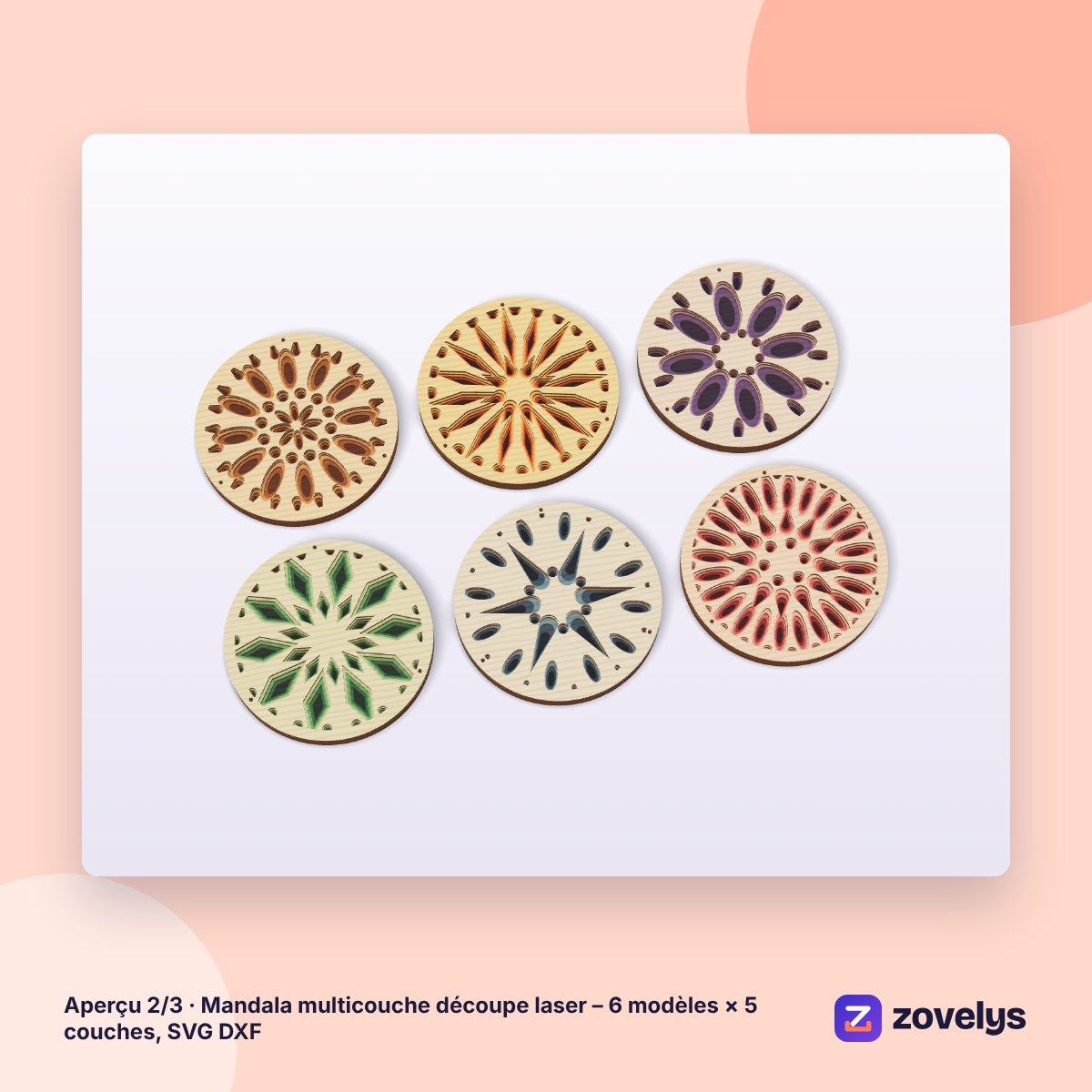 Mandala multicouche découpe laser – 6 modèles × 5 couches, SVG DXF – aperçu 2