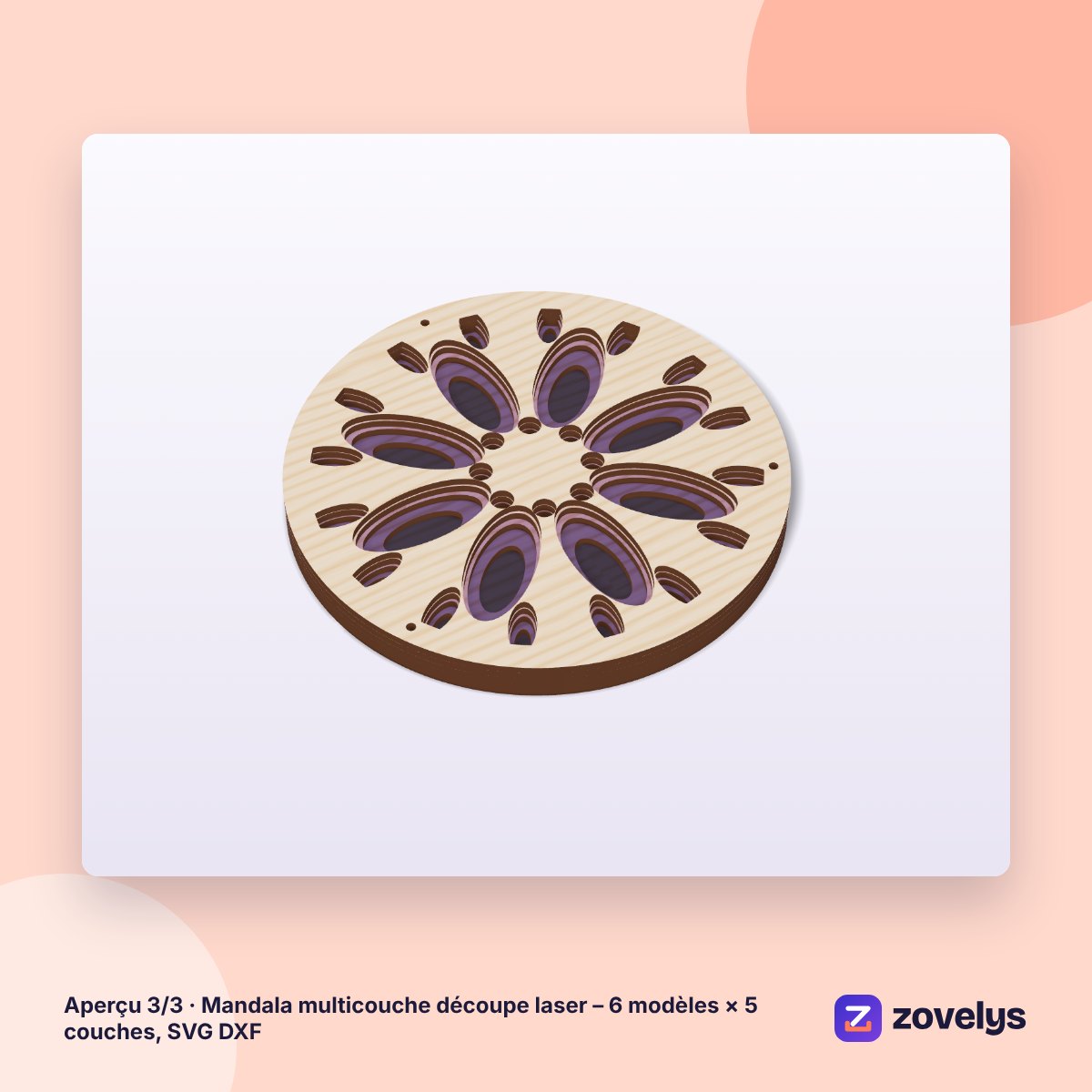 Mandala multicouche découpe laser – 6 modèles × 5 couches, SVG DXF – aperçu 3