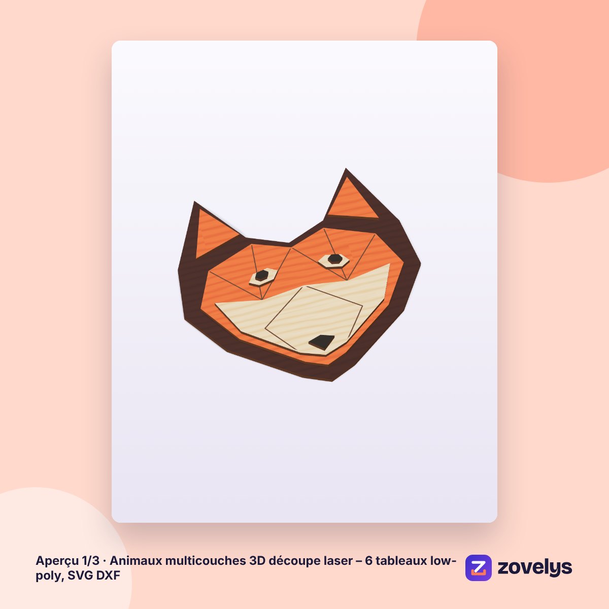 Animaux multicouches 3D découpe laser – 6 tableaux low-poly, SVG DXF – aperçu 1