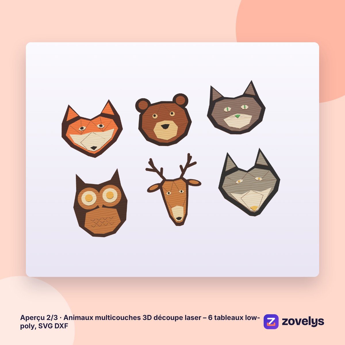 Animaux multicouches 3D découpe laser – 6 tableaux low-poly, SVG DXF – aperçu 2