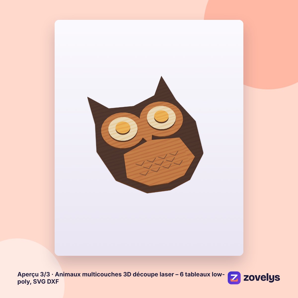 Animaux multicouches 3D découpe laser – 6 tableaux low-poly, SVG DXF – aperçu 3