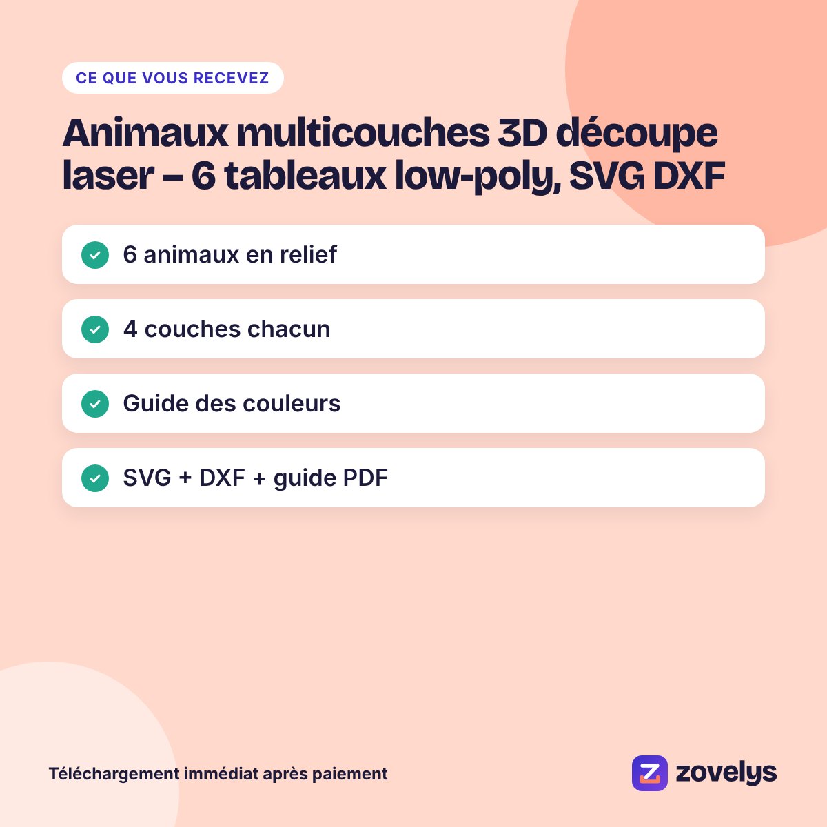 Animaux multicouches 3D découpe laser – 6 tableaux low-poly, SVG DXF – aperçu 4
