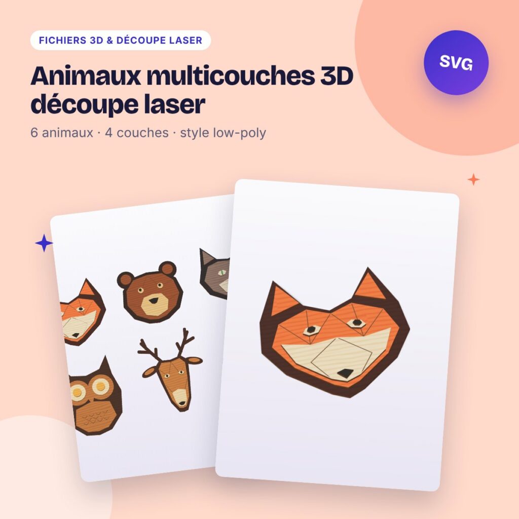 Animaux multicouches 3D découpe laser – 6 tableaux low-poly, SVG DXF
