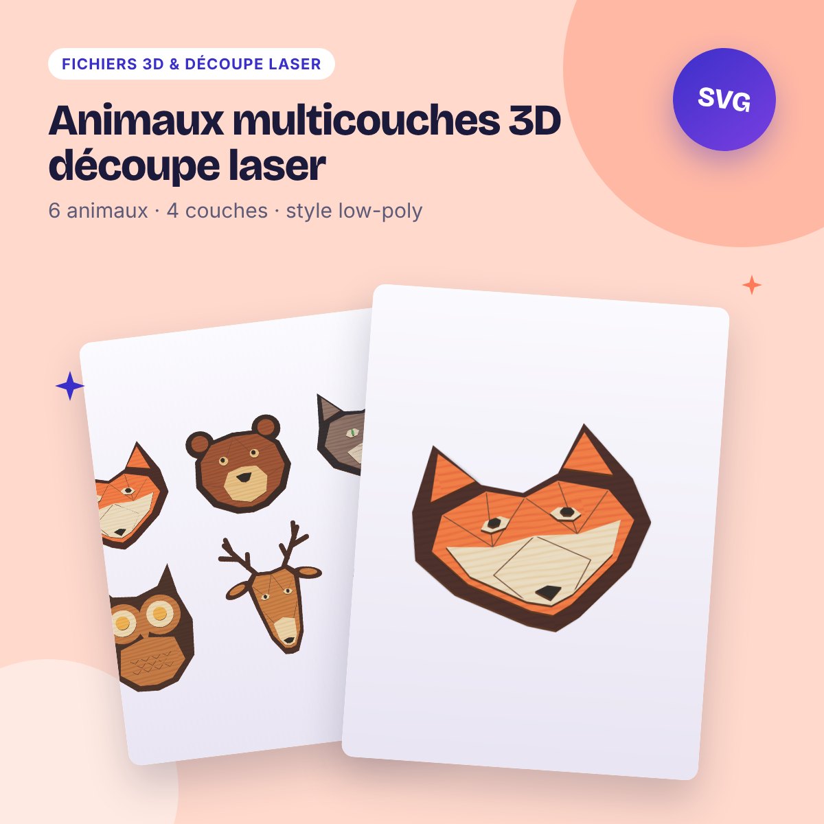 Animaux multicouches 3D découpe laser – 6 tableaux low-poly, SVG DXF