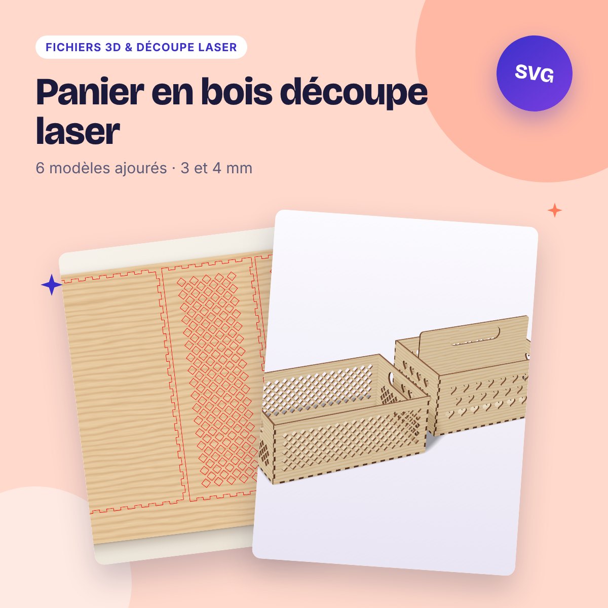 Panier en bois découpe laser – lot de 6 paniers et corbeilles SVG DXF